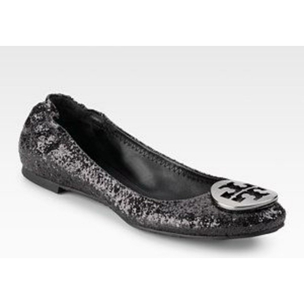 Tory Burch Reva Ballet Flats Women 7.5 Black Silver Glitter Good Condition